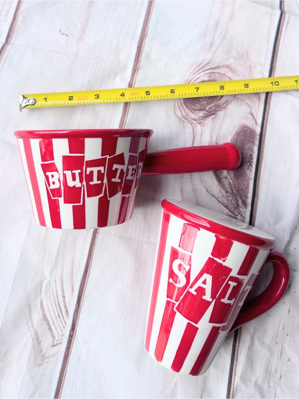 CIC Red and White Striped Ceramic Butter Saucepan & Salt Shaker